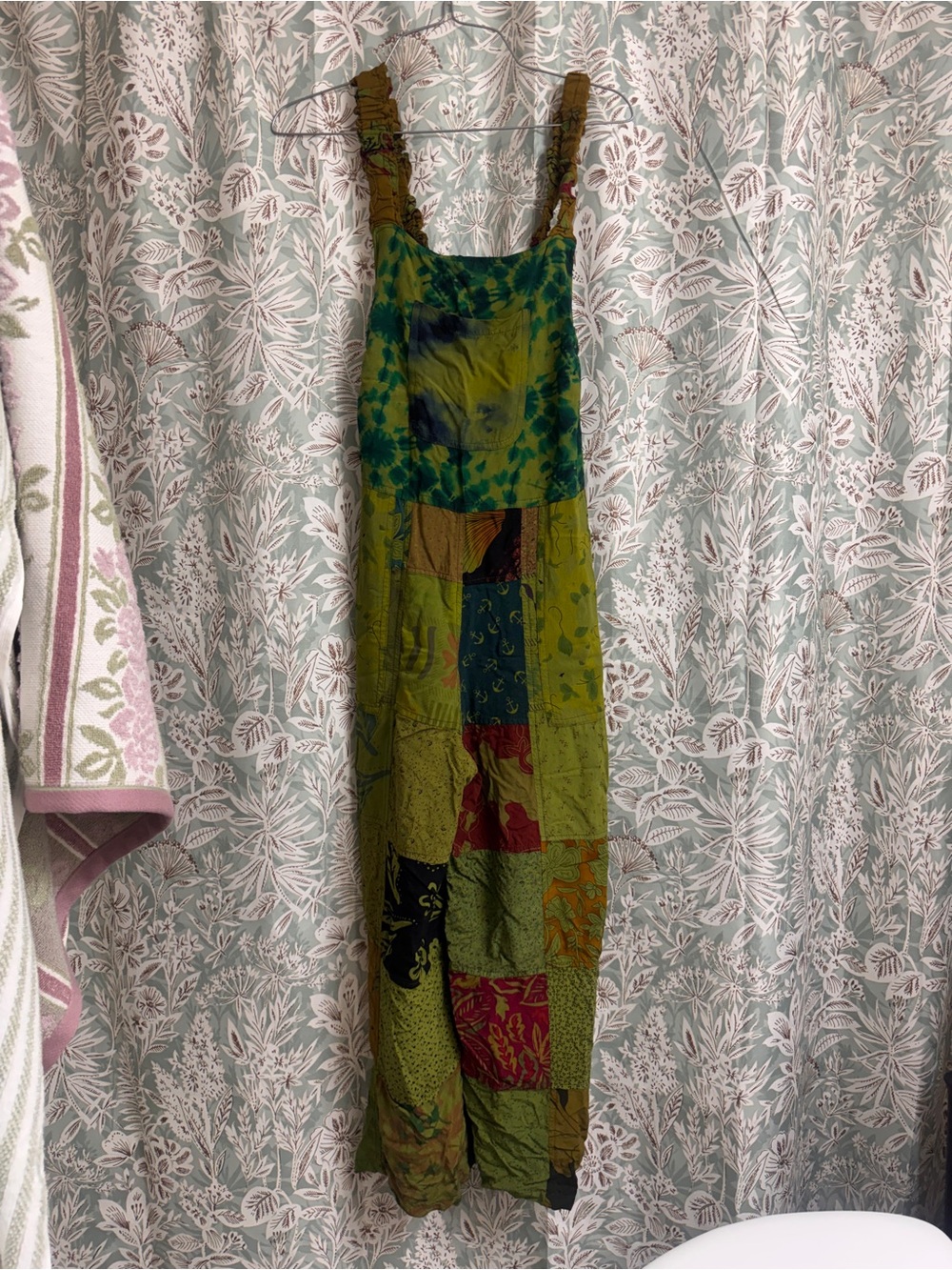 Earthbound green patchwork overalls / romper